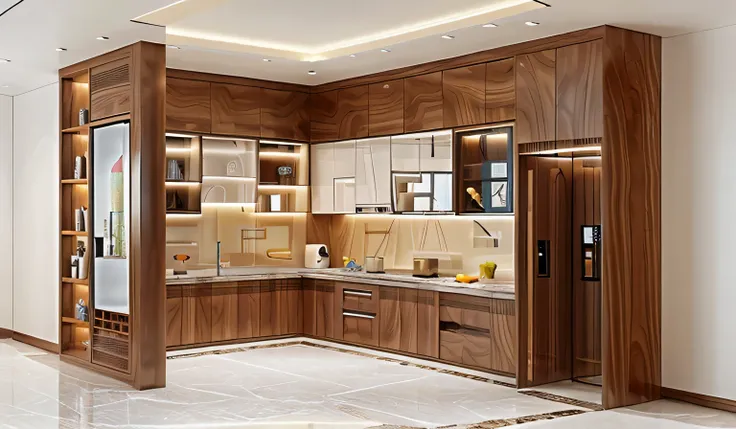 Minimalist kitchen interior, walnut and raw white wood panels, exposed wood, plastered walls, tiled floors, refrigerator, cozy lighting