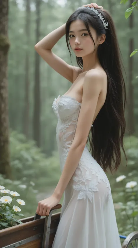 18 years old korean skinny petite girl with very long dark hair is dressed in fantasy fairy white bride sexy dress. she is in the forest near the forest river, collecting the flowers in old fashioned cart. we can see her middle size round breasts декальте ...