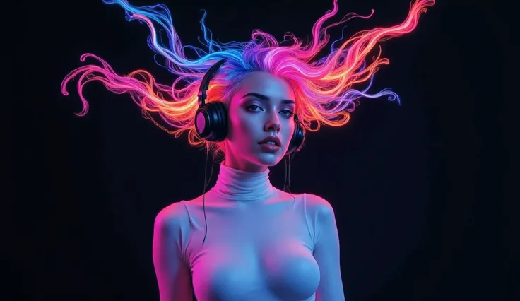 contemporary digital art a female figure headphones, digital illustration, straight-on view, focus on the upper body and face, skin tight ink outfit depicted with a whirl of abstract, neon-colored streaks flowing from the head area, symbolizing movement, s...