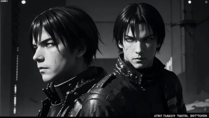 medium shot, 50mm lens,solo,blame, tsutomu nihei, by tsutomu nihei,movie, killy, cibo, GBE,1boy, killy, ova, short hair, black hair,a lone male cyberpunk warrior,aiming a high-tech handgun, he stands amidst the ruins of mechanized structures,wearing modula...