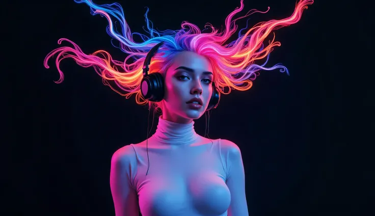 contemporary digital art a female figure headphones, digital illustration, straight-on view, focus on the upper body and face, skin tight ink outfit depicted with a whirl of abstract, neon-colored streaks flowing from the head area, symbolizing movement, s...