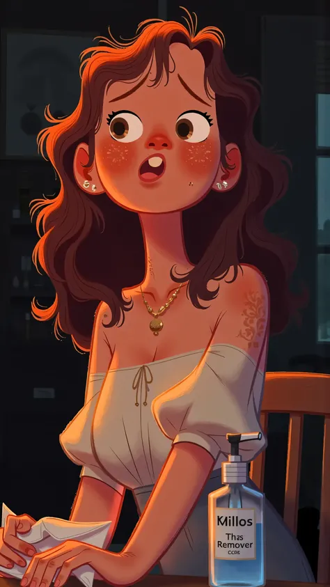 close up:A woman in a depressed mood(long brown hair,wearing a white dress) sitting in front of the dressing table ,Holding a tissue in hand,, putting makeup remover on the dressing table, dim interior lighting ,depressing atmosphere。She removes makeup wit...