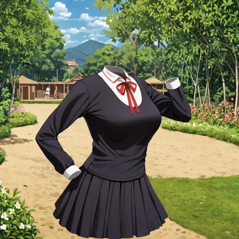 (invisible:1.5, no humans:1.5, headless:1.5, faceless:1.5), ( shuuchiin_academy_uniform,fujiwara_chika, school_uniform, dancing, black_dress, long_sleeves:1.2),in garden, (big breast), (best quality, masterpiece:1.2), ((detailed cloth texture)), ((detailed...