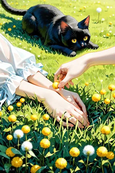 Beautiful girl anime. 8K quality. A close-up of a girl lying face down in the grass, holding a dandelion in her hand, with a black cat playing nearby. The focus is on the girl and the black cat, while the background in front and behind them is blurred. Tel...