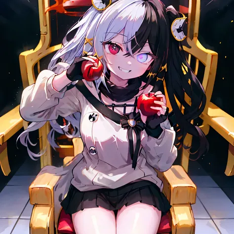 cute,Cool, eating a red apple ,with a grin expression,He wears one gold crown on his head,facing forward,,Moose Sleeve,, sitting cross-legged on the throne,shoulder out,black hair,pixiv,eyes are shining, poor breasts,the eyes are glowing red,,,Enchanting T...