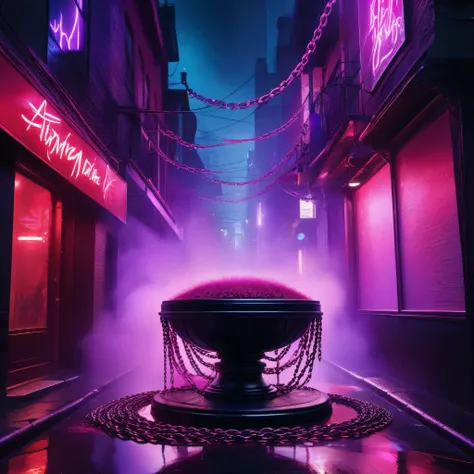 A surreal, symbolic album cover featuring glowing crimson velvet chains coiled around a black leather pedestal. The scene is set in a misty, neon-lit alley with reflections on glossy wet pavement. A shattered mirror lies on the ground, reflecting red and p...