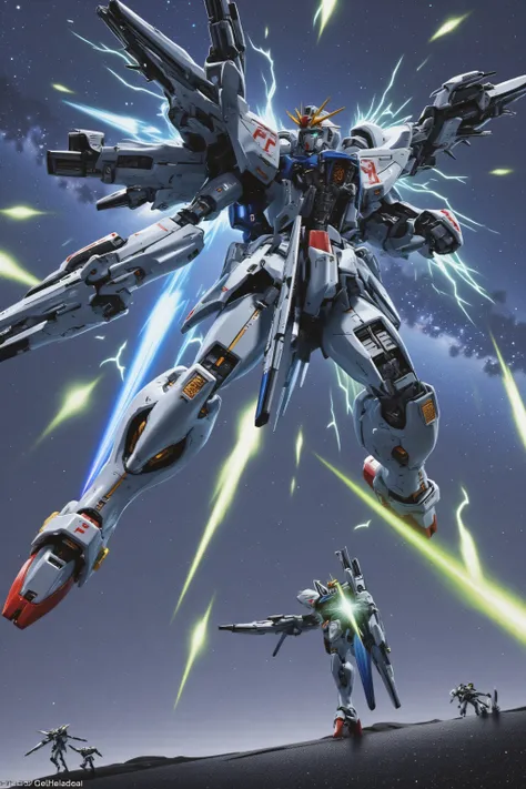 Gundam「F91」, background： Milky Way Galaxy  , v.S.b. Gigantic flux rays full of electricity and laser blasts shoot from his main weapon he is carrying. He is aiming slightly overhead and just off screen to the viewers perception of this scene. 