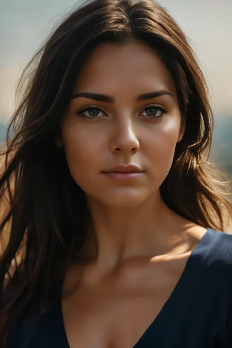 Close-up portrait of a young digital woman with long dark hair, wearing a dark blue outfit, ambient natural light falling gently on her face, soft shadows, minimal background, poetic and quiet mood