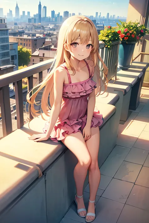 anime-style, apartment balcony with flowerpots, city skyline in background, (background-focused, full-body view), a soft girl in floral swimsuit holding geranium bouquet, (sweet smile, tender eyes, caring demeanor), gentle morning ambiance