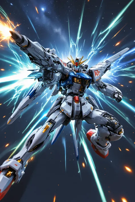 Gundam「F91」, background： Milky Way Galaxy , v.S.b. Gigantic flux rays full of electricity and laser blasts shoot from his main weapon he is carrying. He is aiming slightly overhead and just off screen to the viewers perception of this scene. slightly side ...