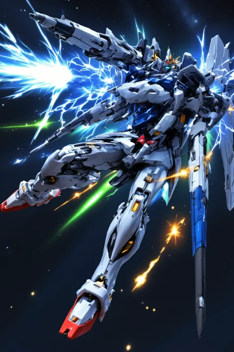 Gundam「F91」, background： Milky Way Galaxy , v.S.b. Gigantic flux rays full of electricity and laser blasts shoot from his main weapon he is carrying. He is aiming slightly overhead and just off screen to the viewers perception of this scene. slightly side ...