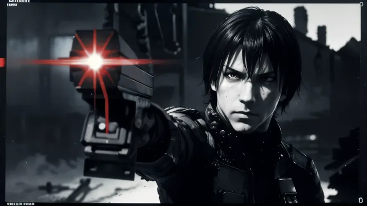 medium shot, 35mm lens,upper body,solo,blame, tsutomu nihei, by tsutomu nihei,movie, killy, cibo, GBE,1boy, killy, ova, short hair, black hair,a lone male cyberpunk warrior, (aiming a high-tech handgun:1.2), he stands amidst the ruins of mechanized structu...