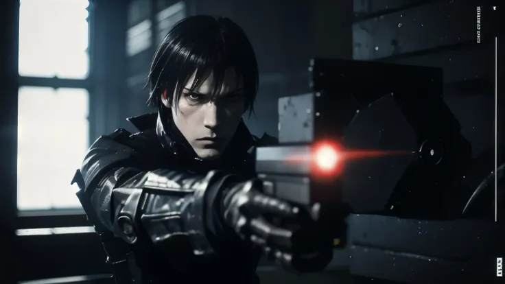 medium shot, 35mm lens,upper body,solo,blame, tsutomu nihei, by tsutomu nihei,movie, killy, cibo, GBE,1boy, killy, ova, short hair, black hair,a lone male cyberpunk warrior, (aiming a high-tech handgun:1.2), he stands amidst the ruins of mechanized structu...