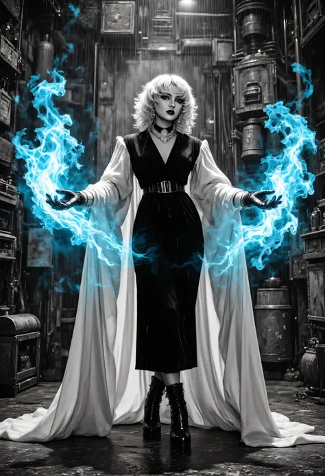 a black and white 1940s snapshot picture of a mecha woman wizard, standing proudly, manipulating magical blue fire, ((only the fire is blue)) extremely beautiful woman (best Detailed, Masterpiece, Hyperrealistic) blond hair, rich hair, wavy hair, dynamic e...