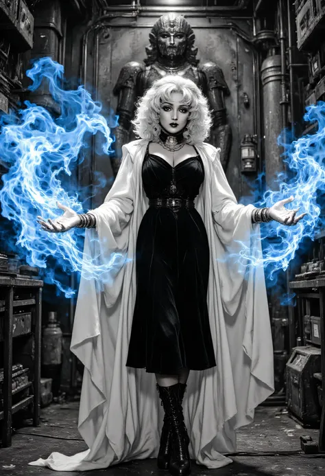 a black and white 1940s snapshot picture of a mecha woman wizard, standing proudly, manipulating magical blue fire, ((only the fire is blue)) extremely beautiful woman (best Detailed, Masterpiece, Hyperrealistic) blond hair, rich hair, wavy hair, dynamic e...