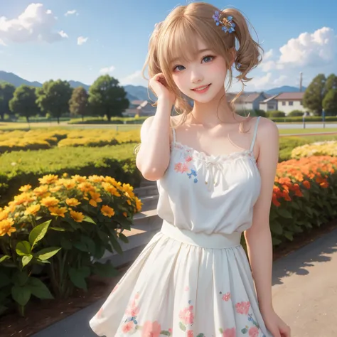 (masterpiece,best quality: 1.4),(8k,raw photo,photo realistic:1.2),shiny skin, detailed skin,detailed face,detailed eyes,Japanese idol,beautiful face. Flower garden, blue sky, countryside, one beautiful girl, very pretty, petite, (large breasts), elementar...