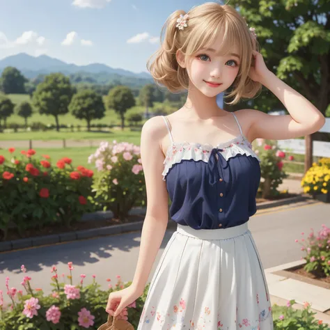 (masterpiece,best quality: 1.4),(8k,raw photo,photo realistic:1.2),shiny skin, detailed skin,detailed face,detailed eyes,Japanese idol,beautiful face. Flower garden, blue sky, countryside, one beautiful girl, very pretty, petite, (large breasts), elementar...