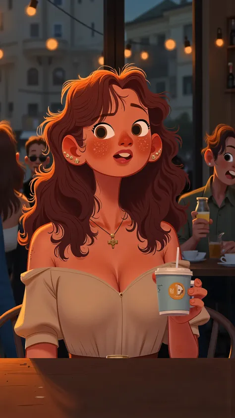 cafe scene montage; medium lens,Female protagonist(long brown hair)stiff face and sit still。she can only barely nod、with a stiff smile or silent staring。In front of you is a large square table。color scheme is dark and mixed with highlights,delicate lines,i...