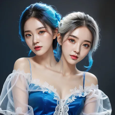  photorealistic, best resolution,korean woman with two heads, 2girls, different faces,(twoheads:1.2), (1girl),gothic,twintails,white hair, organza lace,Gorgeous and fussy clothes,gothic, flying, blue, (colorful), bold strokes, gradient blends, motion blur,...