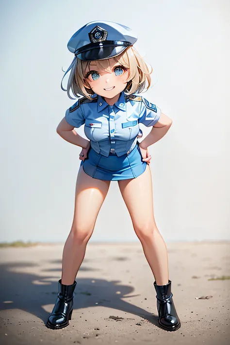 High quality, alone, female, female police officer, (white short sleeve uniform, blue police cap, light blue mini skirt, leather short boots: 1.2), ((hands on hips, smiling: 1.5)), (front view: 1.5), (full body shot, portrait: 1.5), background is grass at ...