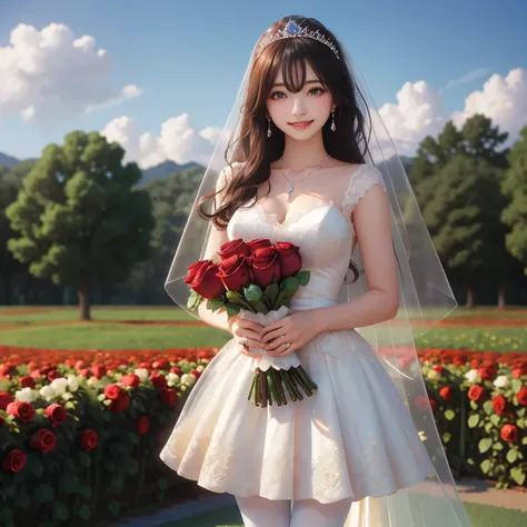 (masterpiece,best quality: 1.4),(8k,raw photo,photo realistic:1.2),shiny skin, detailed skin,detailed face,detailed eyes,Japanese idol,beautiful face,flower garden, blue sky, countryside, one beautiful girl, very pretty,short stature, (large breasts), (wed...
