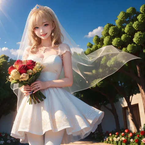 (masterpiece,best quality: 1.4),(8k,raw photo,photo realistic:1.2),shiny skin, detailed skin,detailed face,detailed eyes,Japanese idol,beautiful face,flower garden, blue sky, countryside, one beautiful girl, very pretty,(blond hair:1.2),short stature, (lar...
