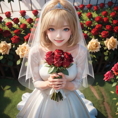 (masterpiece,best quality: 1.4),(8k,raw photo,photo realistic:1.2),shiny skin, detailed skin,detailed face,detailed eyes,Japanese idol,beautiful face,flower garden, blue sky, countryside, one beautiful girl, very pretty,(blond hair:1.2),short stature, (lar...