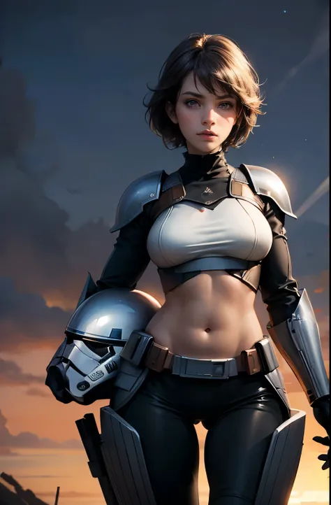 Star Wars World ,sexy girl who is torn , don't wear a helmet ,Hold a helmet in your right hand, ,Vesker Armor ,Slimming, slender,Face visible,
