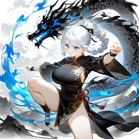 Masterpiece, highest quality, Unity, 8K, (Sumi-e style), (from above:1.3), (fist wrapped in blue flames: 1.2), (Dragon in the background), roaring dragon, Chinese-style dragon, cute girl, dynamic pose, girl takes action, and thick ink effect lines are crea...