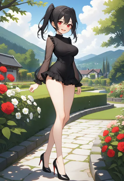 score_9, longlegs_v0.22_pony, landscape, garden, BREAK, solo, 1 skinny girl walking, arched back, arms behind back, (bouncing huge breasts), smile for viewer, (jitome), tiptoe, BREAK, black hair, (very long two side up), red eyes, narrow shoulders, too sma...