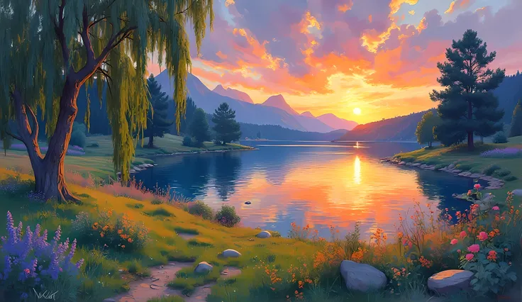 m0d3rn1mpr   A serene landscape scene with a vivid, luminous sky at sunset, where warm golden and pink tones softly blend into cooler blues, reflecting on a tranquil lake surrounded by swaying willows. The surface of the water shimmers gently with impressi...