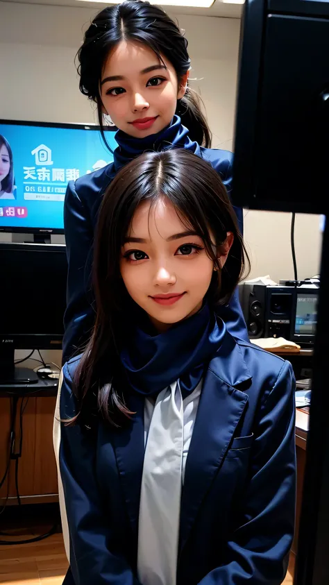 (1 woman:1.99)、(wide forehead、very short hair、Very small amount of hair、 odekodashi、Fuji frame:1.1)、tanned、、Naughty、happy expression、満面の Smile、Weakness、love、I feel so relaxed alone、(クールな Smile、 Grey Formal Business Suits 、navy blue silk scarf、 Clean Energy...