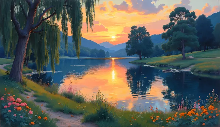 m0d3rn1mpr   A serene landscape scene with a vivid, luminous sky at sunset, where warm golden and pink tones softly blend into cooler blues, reflecting on a tranquil lake surrounded by swaying willows. The surface of the water shimmers gently with impressi...