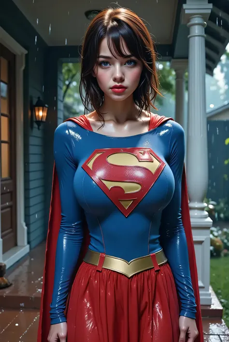 (FULL VIEW OF HER) An ultra-detailed, 8K photo-realistic image of a stunnuing young asian girl wearing a 1980s retro supergirl crop top costume. She has short dark red hair and wears rectangular glasses, small waist, muscular abs, thin slim body. She's sta...