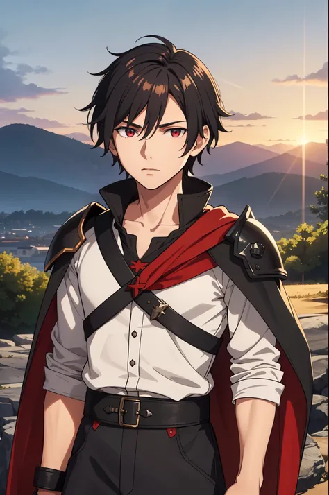 (high-quality, breathtaking),(expressive eyes, perfect face) 1boy, male, solo, young adult, Symmetrical Eyes, portrait, black hair, red eye color, short hair length, messy loose hair, neutral expression, soft smile, white shirt, black cloak red trim, fanta...