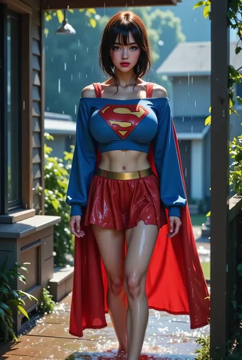 (FULL VIEW OF HER) An ultra-detailed, 8K photo-realistic image of a stunnuing young asian girl wearing a 1980s retro supergirl crop top costume. She has short dark red hair and wears rectangular glasses, small waist, muscular abs, thin slim body. She's sta...