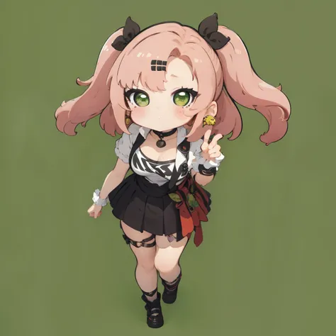 ((best quality)), ((masterpiece)), (detailed), 1girl, nozochibi, blush stickers, (chibi:1.4), simple background, full body, standing, nicole demara, (green eyes:1.5), pink hair, hair ornament, hair ribbon, hairclip, long hair, mole, mole on breast, mole on...