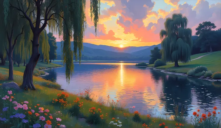 m0d3rn1mpr   A serene landscape scene with a vivid, luminous sky at sunset, where warm golden and pink tones softly blend into cooler blues, reflecting on a tranquil lake surrounded by swaying willows. The surface of the water shimmers gently with impressi...