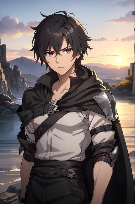 (high-quality, breathtaking),(expressive eyes, perfect face) 1boy, male, solo, young adult, Symmetrical Eyes, portrait, black hair, red eye color, short hair length, messy loose hair, neutral expression, soft smile, white shirt, black cloak red trim, fanta...