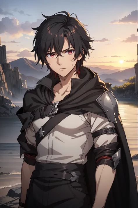 (high-quality, breathtaking),(expressive eyes, perfect face) 1boy, male, solo, young adult, Symmetrical Eyes, portrait, black hair, red eye color, short hair length, messy loose hair, neutral expression, soft smile, white shirt, black cloak red trim, fanta...