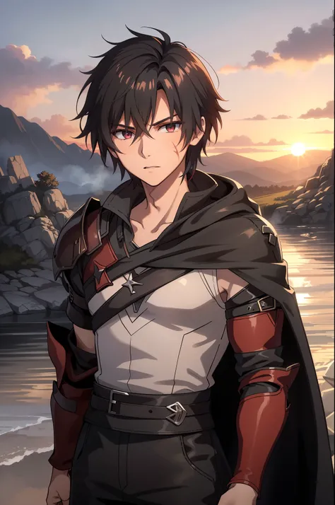 (high-quality, breathtaking),(expressive eyes, perfect face) 1boy, male, solo, young adult, Symmetrical Eyes, portrait, black hair, red eye color, short hair length, messy loose hair, neutral expression, soft smile, white shirt, black cloak red trim, fanta...