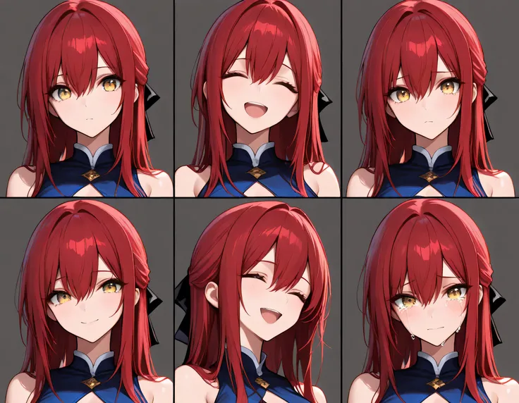 (masterpiece:1.2, Best Quality), (finely detailed beautiful eye: 1.2), (beautiful detailed face), a close-up portrait, strapless sleeveless shirt, blue shirt, shirt with white trim, 1 girl , golden eyes , very long hair , long sidelocks, red hair ,half upd...