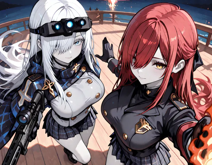 ((from above:2.5)),((from looking at view:2.5)),((4k,8k,Ultra HD))
Two girls with wearing Binocular Night Vision Device in posing while holding a Barrett M82 gun or a glowing fire coming in her hand with ample breasts under school uniform on the yacht in t...