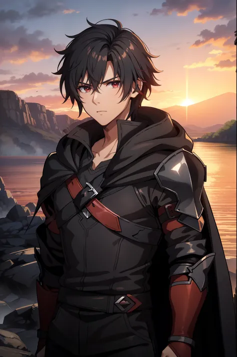 (high-quality, breathtaking),(expressive eyes, perfect face) 1boy, male, solo, young adult, Symmetrical Eyes, portrait, black hair, red eye color, short hair length, messy loose hair, neutral expression, soft smile, white shirt, black cloak red trim, fanta...