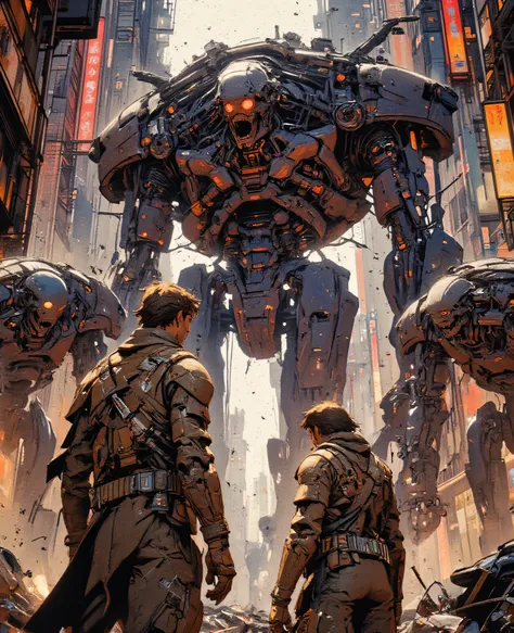 A semi-realistic digital painting with bold outlines, dynamic angles, and stylized shading, inspired by comic books and concept art. The scene is set in a war-torn futuristic city, with crumbling skyscrapers, smoke, and glowing neon lights in the backgroun...