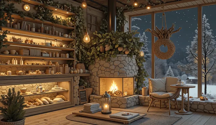 Cozy cabin with fireplace, không có cây Giáng sinhThe scene depicts a Cozy cabin with fireplace, without a rustic cafe Christmas tree, overlooking a beautiful Tranh sơn dầu và acrylic trên vải, một căn bếp của nhà bà ngoại vào ban đêm. Cảnh được dựng theo ...