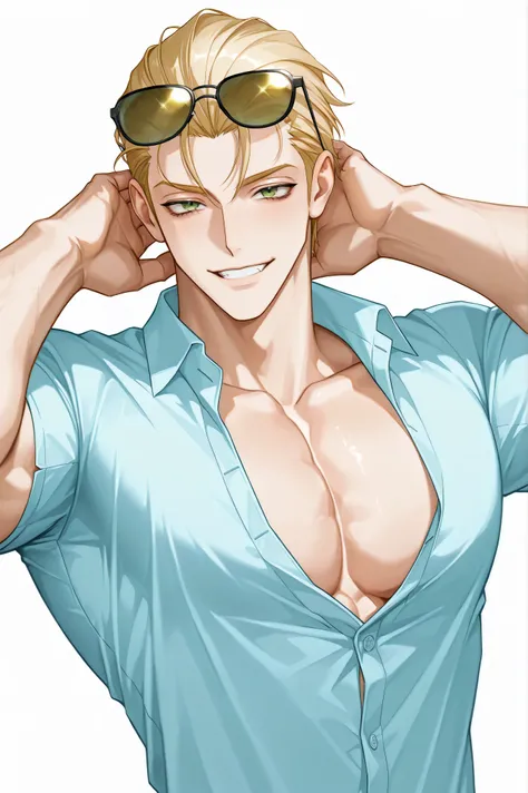One male , handsome , heavily muscular , bulky body , broad chest , thick arms , short hair , blonde hair , slicked-back hairstyle , keen eyes , green eyes , dark circles under the eyes , playful smile , playful face , light blue dress shirt , light golde...