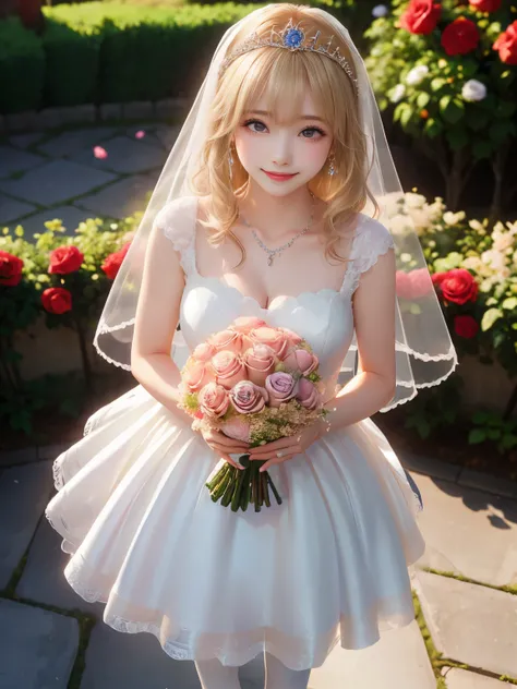 (masterpiece,best quality: 1.4),(8k,raw photo,photo realistic:1.2),shiny skin, detailed skin,detailed face,detailed eyes,Japanese idol,beautiful face,flower garden, blue sky, countryside, one beautiful girl, very pretty,(blond hair:1.2),short stature, (lar...