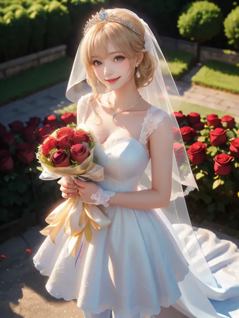 (masterpiece,best quality: 1.4),(8k,raw photo,photo realistic:1.2),shiny skin, detailed skin,detailed face,detailed eyes,Japanese idol,beautiful face,flower garden, blue sky, countryside, one beautiful girl, very pretty,(blond hair:1.2),short stature, (lar...