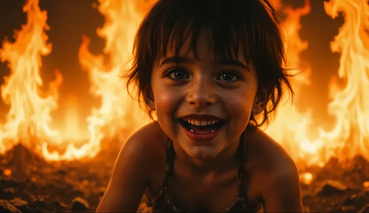 Close-up of Little  barefoot human laughs in an environment of sinister fire